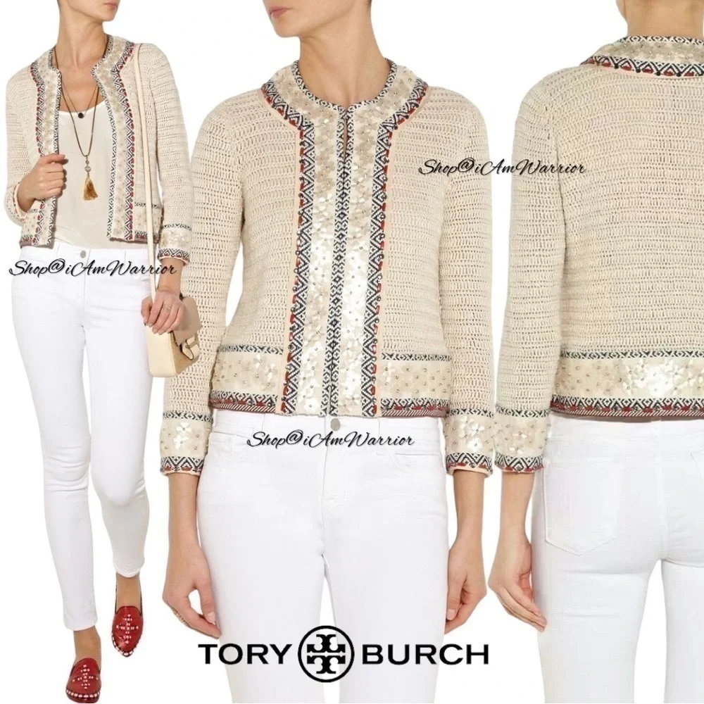 Tory Burch cream crochet beaded embellished cardigan jacket *shop@iamwarrior